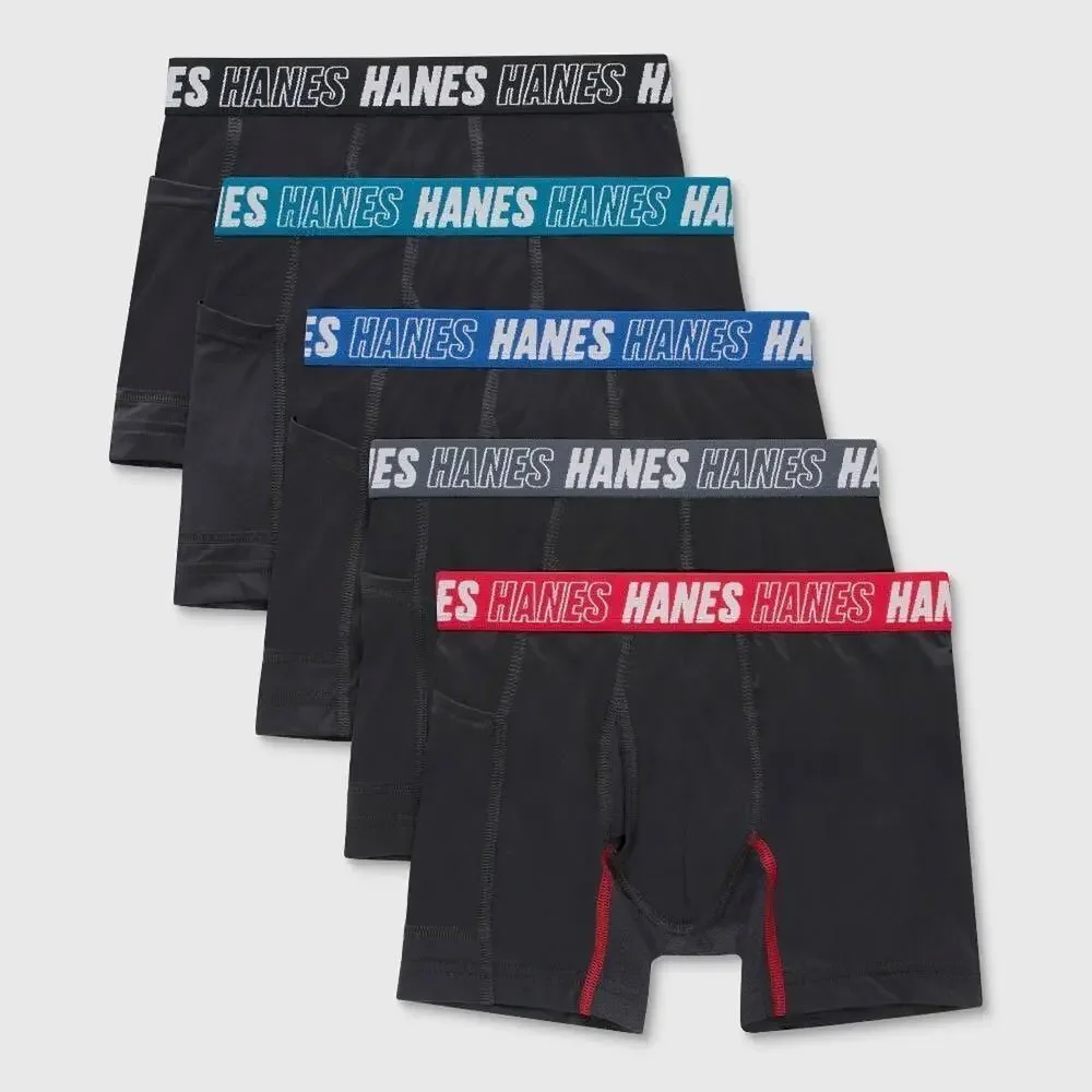 Hanes Moves Boys' Anti-Chafe Boxer Brief Underwear, Black, 5-Pack Assorted M NWT